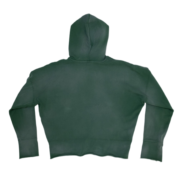 A dark forest green vintage washed aged cropped hoodie shown from the back, featuring a hood and long sleeves,