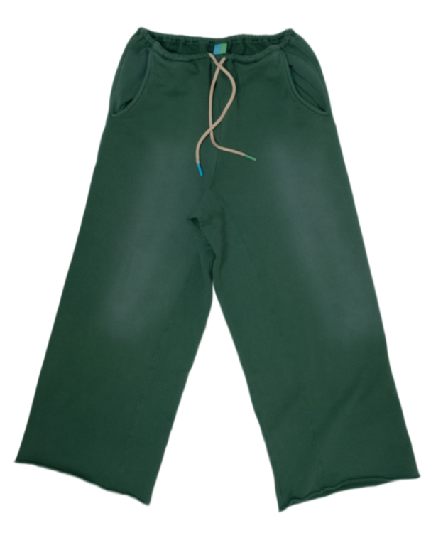 A pair of dark green sweatpants with a beige drawstring, displayed flat against a solid white background.