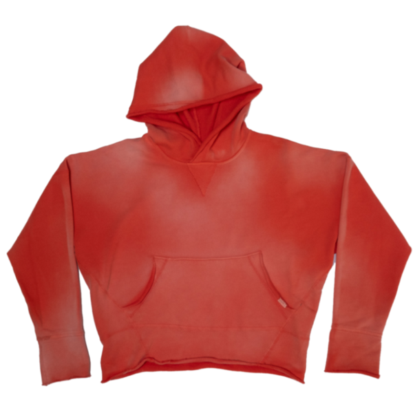 A cropped red hoodie sweatshirt vintage washed with a kangaroo pocket, up and coming female-owned streetwear brand.