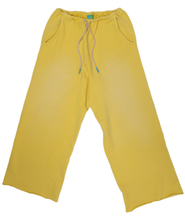 Yellow wide-leg sweatpants with an elastic waistband, drawstring, and side pockets, shown flat on a white background.
