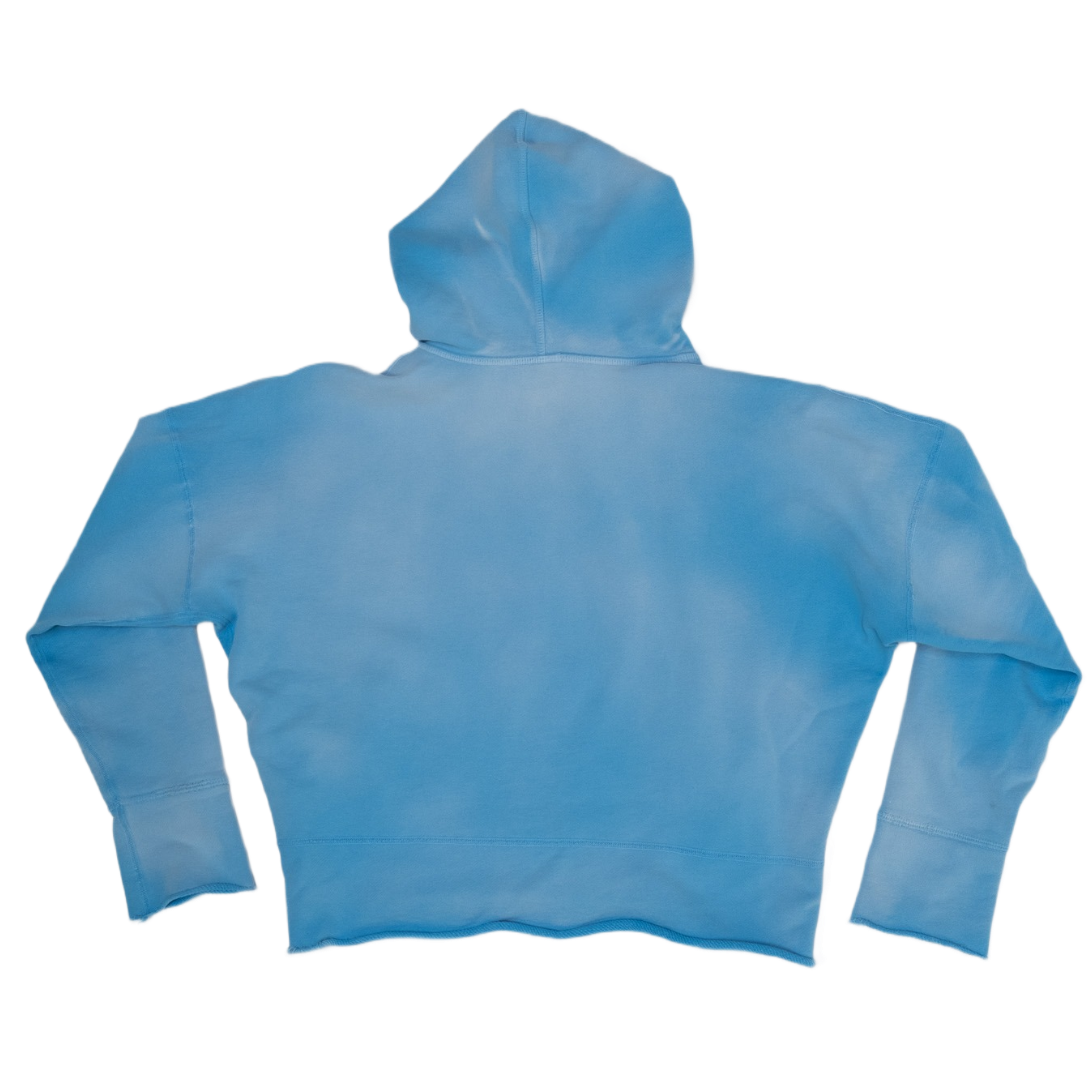 A light blue vintage cropped hoodie shown from the back, 