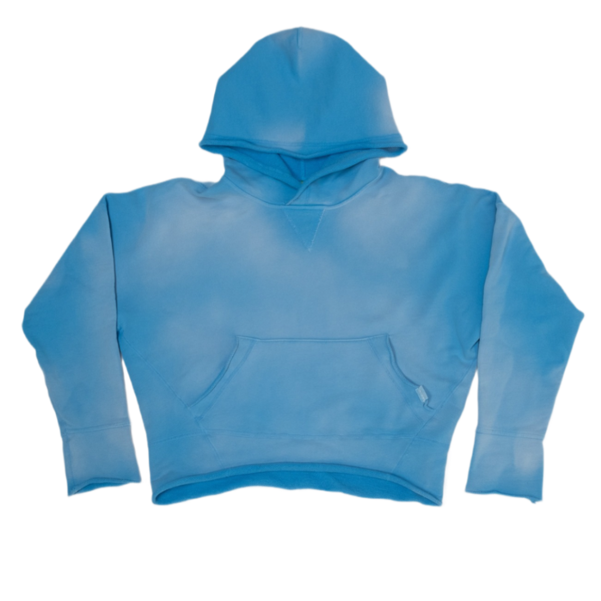 A cropped long-sleeve hoodie in a vintage washed medium blue color, 