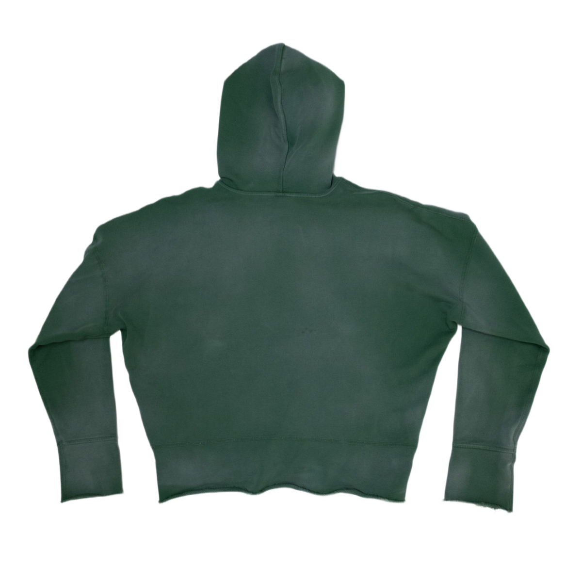 A dark forest green vintage washed aged cropped hoodie shown from the back, featuring a hood and long sleeves, 