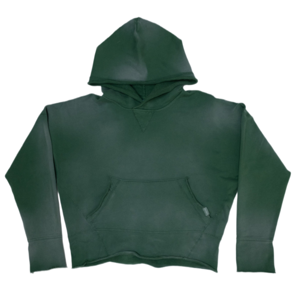 A dark forest vintage washed green cropped hoodie sweatshirt with a front kangaroo pocket, 