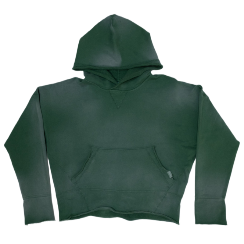 A dark forest vintage washed green cropped hoodie sweatshirt with a front kangaroo pocket, 