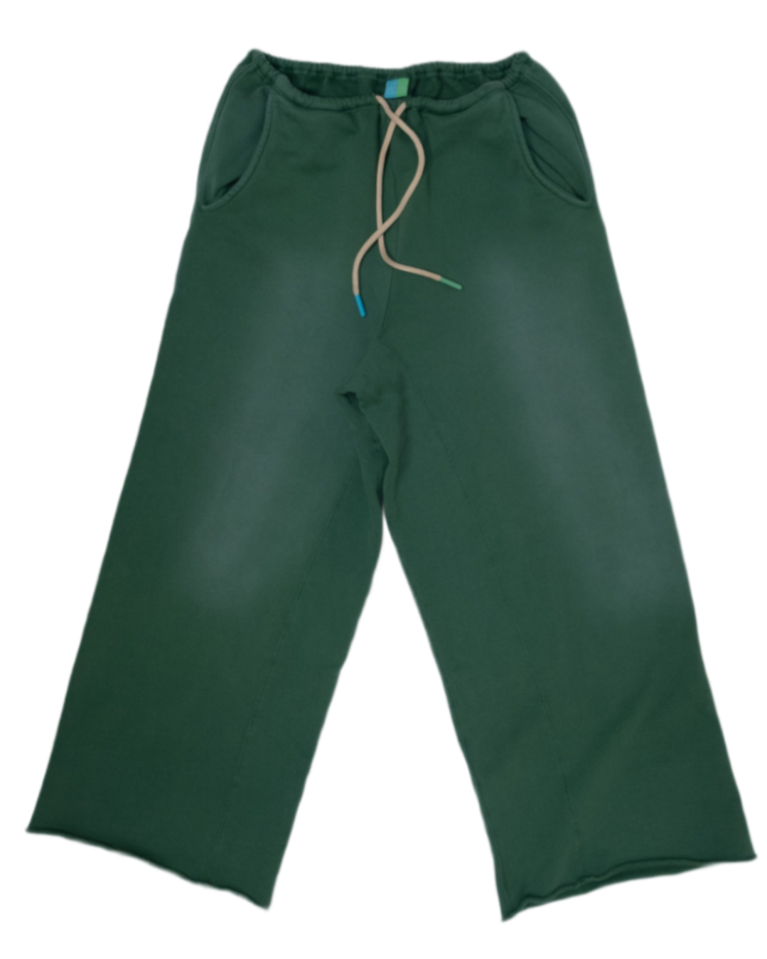 A pair of dark green sweatpants with a beige drawstring, displayed flat against a solid white background.