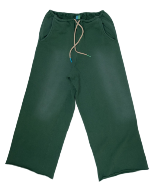 A pair of dark green sweatpants with a beige drawstring, displayed flat against a solid white background.
