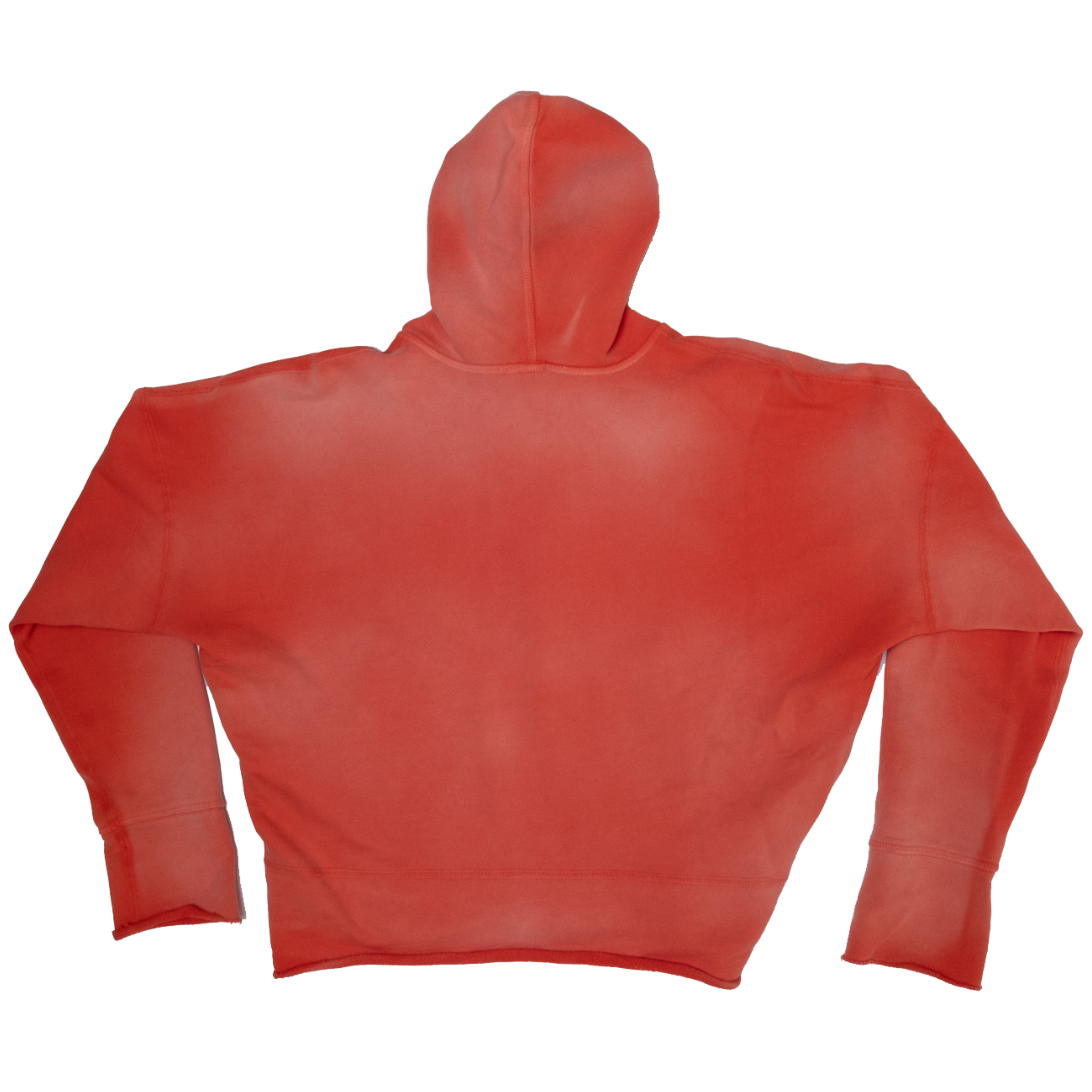 A red cropped vintage washed hoodie shown from the back