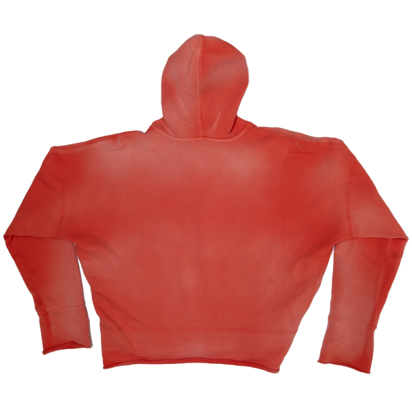 A red cropped vintage washed hoodie shown from the back