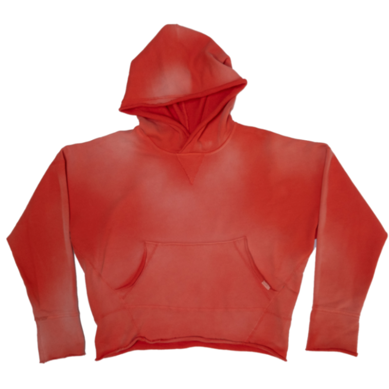 A cropped red hoodie sweatshirt vintage washed with a kangaroo pocket, up and coming female-owned streetwear brand.