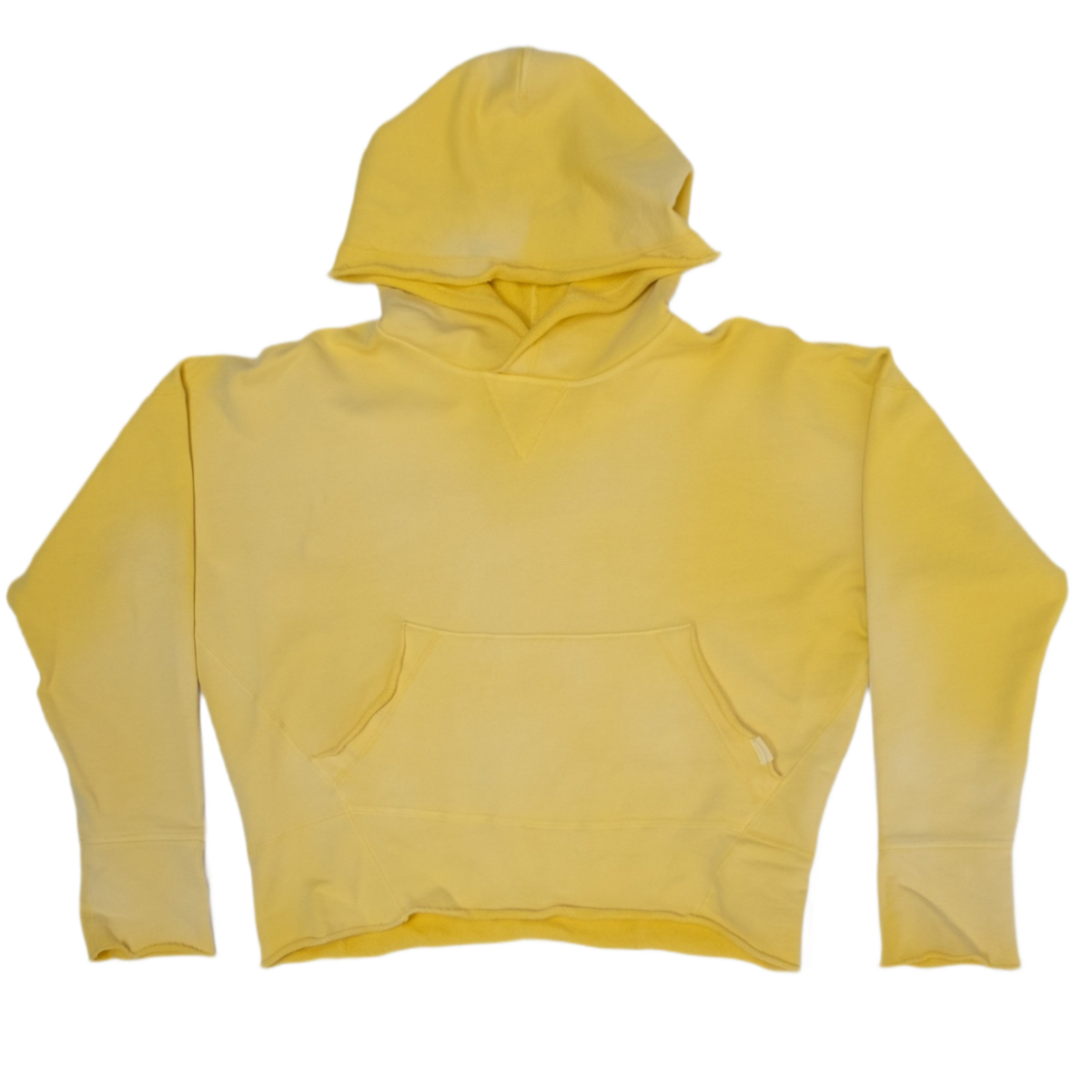 A cropped butter yellow hoodie sweatshirt with a front kangaroo pocket, laid flat against a white background.