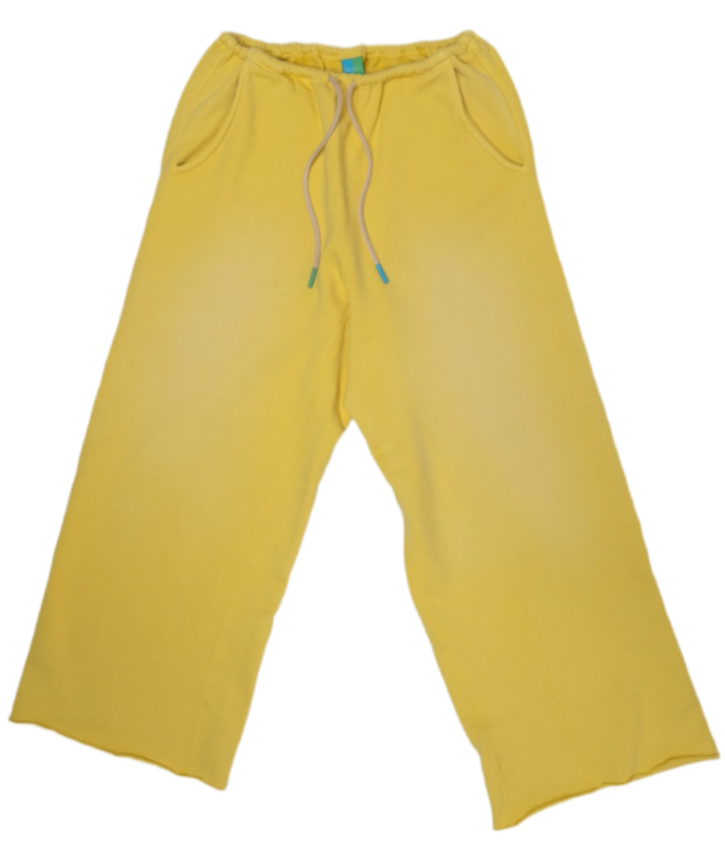 Yellow wide-leg sweatpants with an elastic waistband, drawstring, and side pockets, shown flat on a white background.