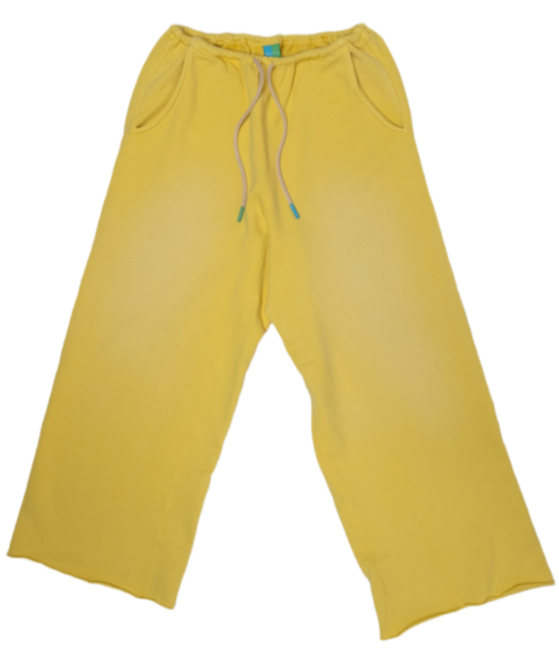 Yellow wide-leg sweatpants with an elastic waistband, drawstring, and side pockets, shown flat on a white background.